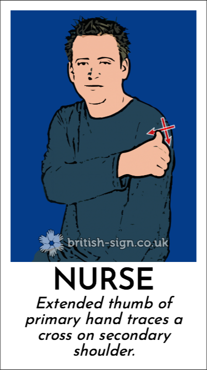 Nurse: Extended thumb of primary hand traces a cross on secondary shoulder.